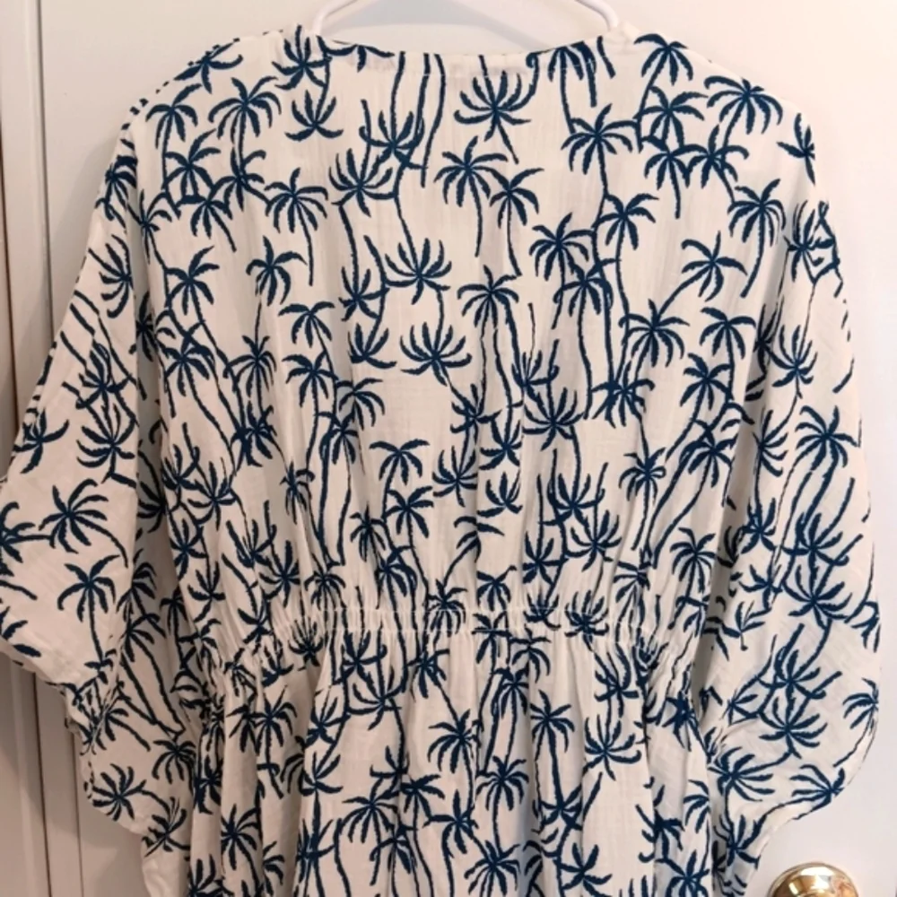 Splendid Tropic Veil Coverup Cream/Dark Teal Cotton Gauze Palms Print Tassel Tie